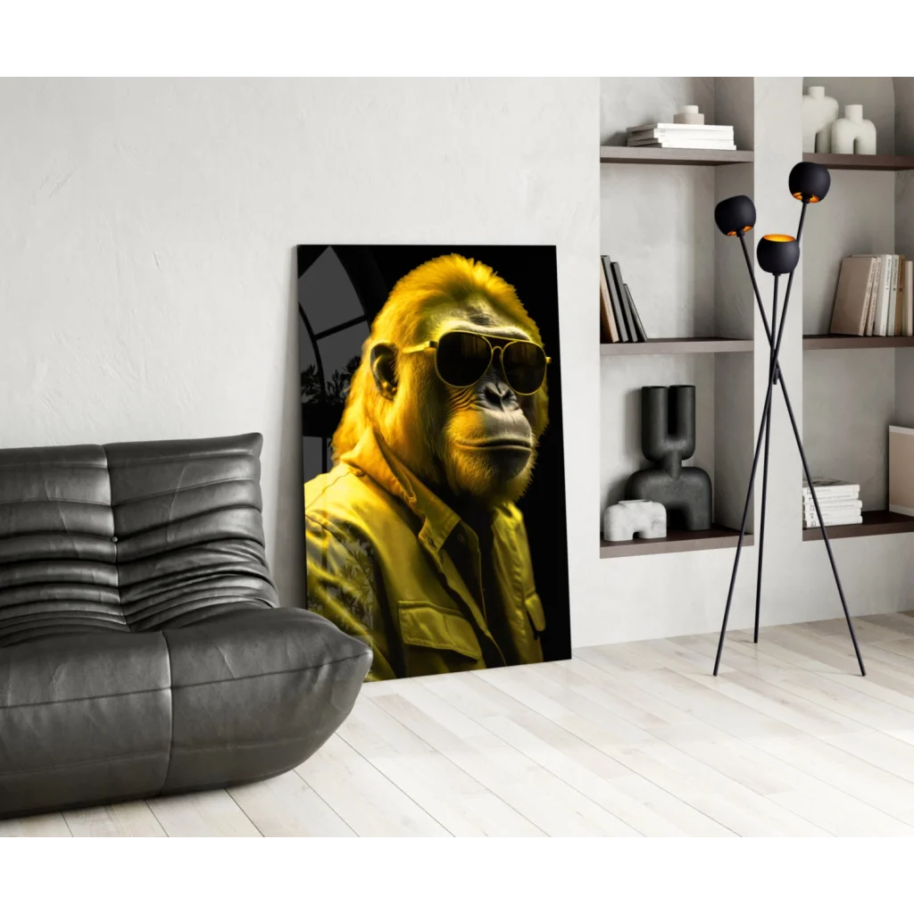Funky Yellow Gorilla glass wall art canvas print with sunglasses