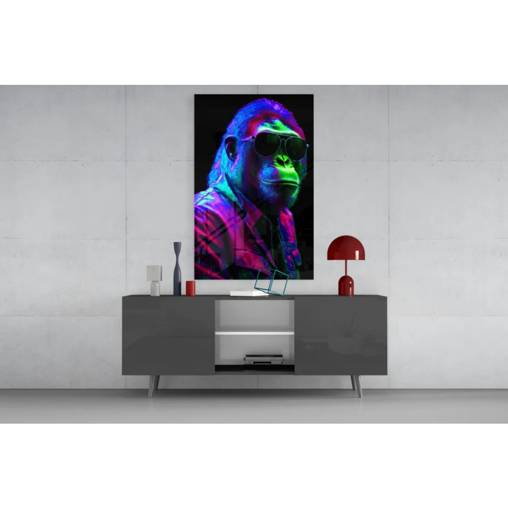 Vibrant neon gorilla in sunglasses canvas wall art print