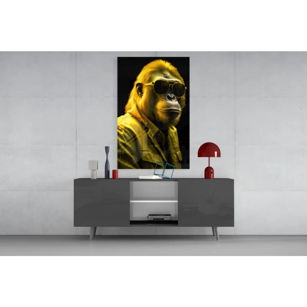 Funky yellow gorilla glass wall art with sunglasses in modern decor