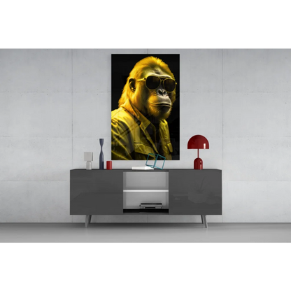 Funky yellow gorilla glass wall art with sunglasses in modern decor
