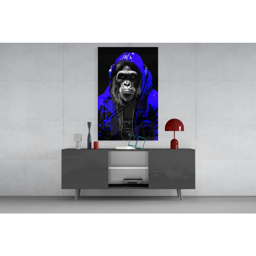 Cool gorilla with headphones vibrant blue portrait canvas wall art