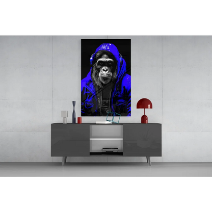 Cool gorilla with headphones vibrant blue portrait canvas wall art