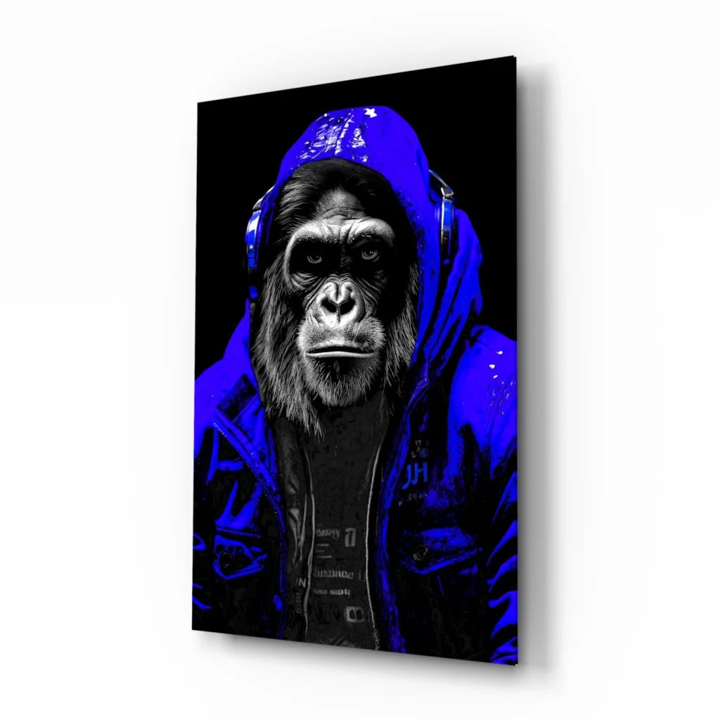 Cool gorilla with headphones wall art canvas print in striking blue hoodie style