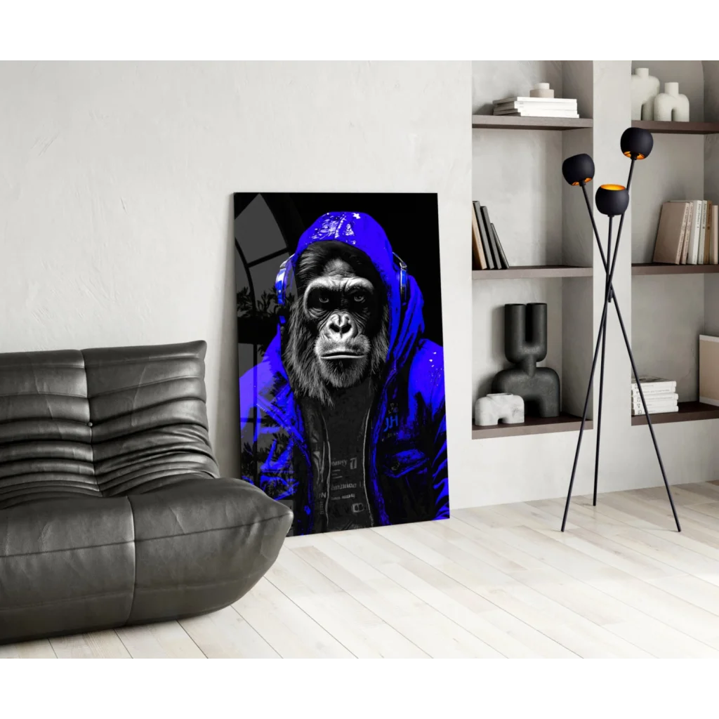 Vibrant blue gorilla in hoodie with headphones wall art canvas print