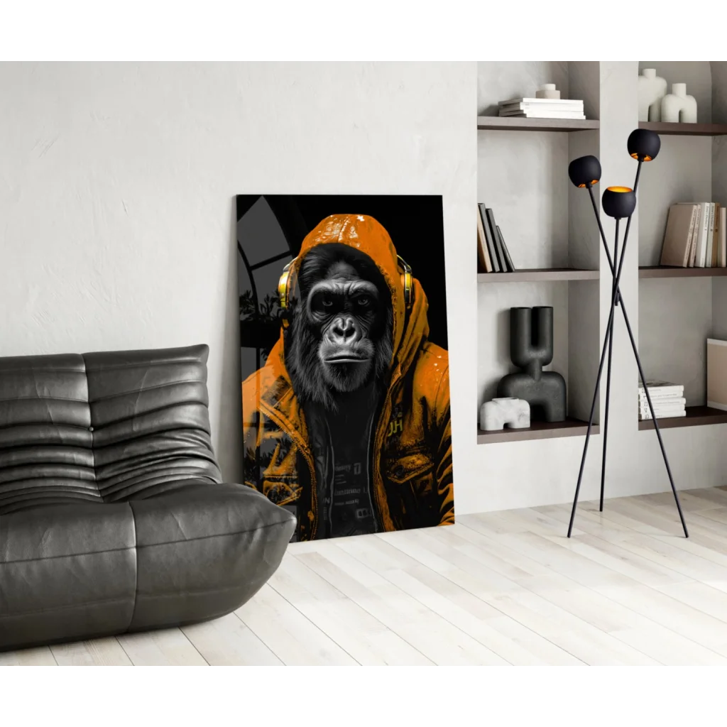 Vibrant orange hooded gorilla with gold headphones canvas wall art