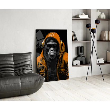 Vibrant orange hooded gorilla with gold headphones canvas wall art