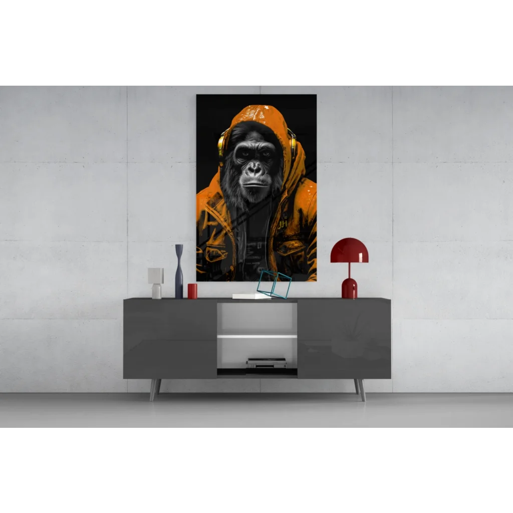 Vibrant orange hooded gorilla with gold headphones canvas wall art portrait