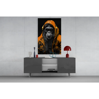 Vibrant orange hooded gorilla with gold headphones canvas wall art portrait
