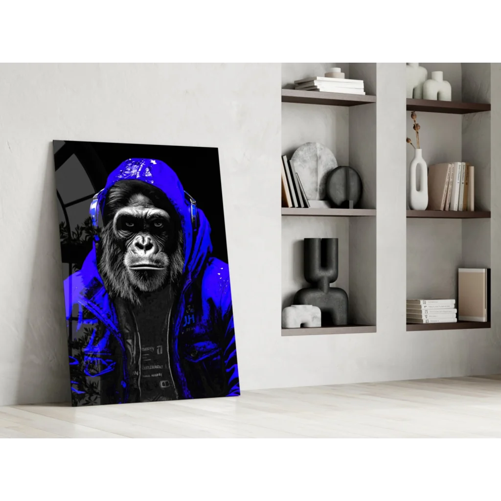 Vibrant blue gorilla with headphones wall art canvas print on white wall