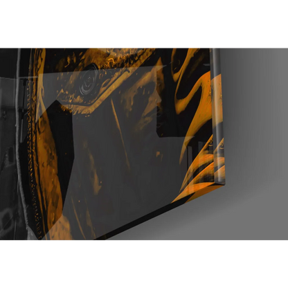 Glossy black orange flame helmet with gold accents in Gorilla wall art