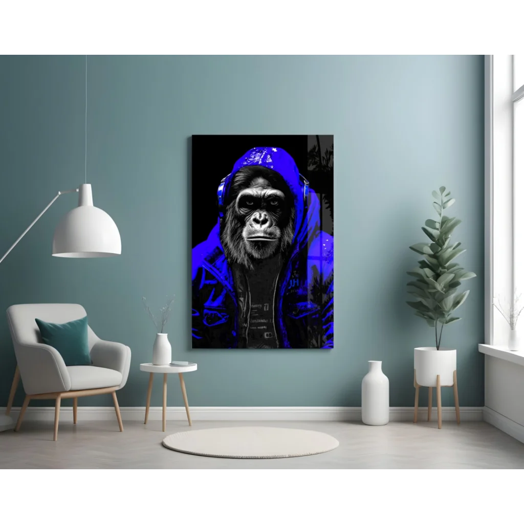 Vibrant blue gorilla with headphones wall art canvas print