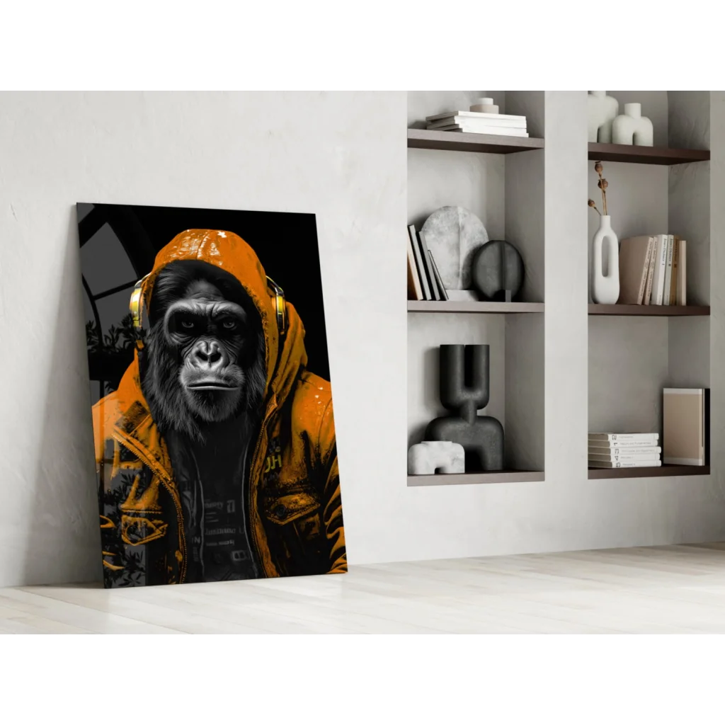 Orange hooded gorilla in gold headphones canvas wall art print