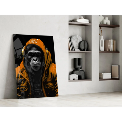 Orange hooded gorilla in gold headphones canvas wall art print