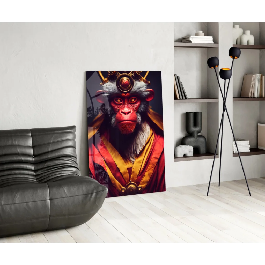 Regal Monkey King in gold and red glass wall art