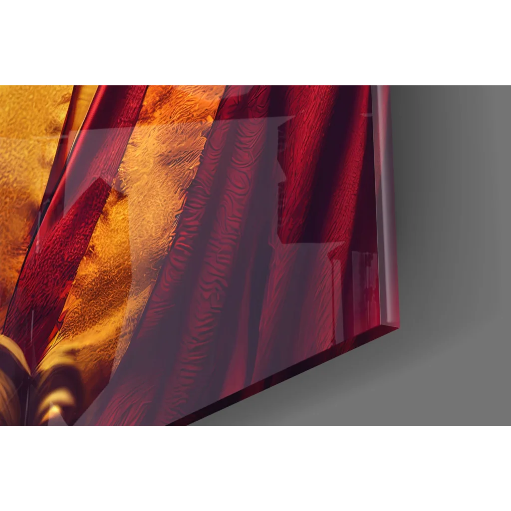 Vibrant red and amber Regal Monkey King glass wall art panel