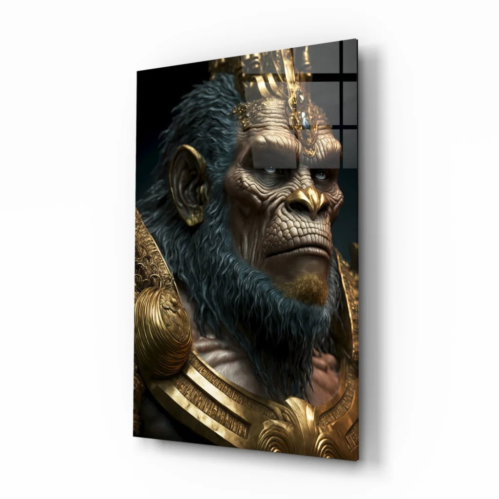 Majestic King Kong in golden armor glass wall art portrait