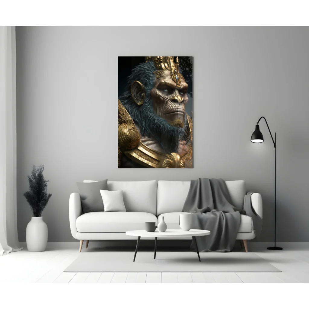Majestic Golden Ape King glass wall art canvas print with regal blue fur ape