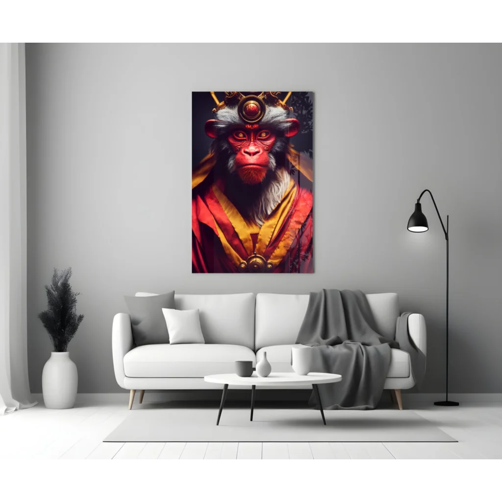 Regal Monkey King Glass Wall Art in Gold and Red | Modern Wall Art Decor | vintageantiquesgifts.com