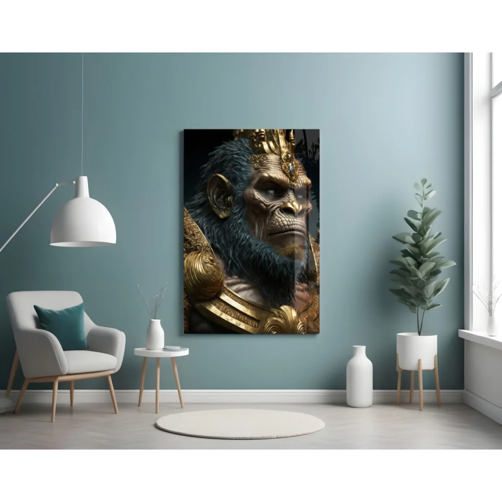 Majestic golden crowned ape king in ornate armor glass wall art