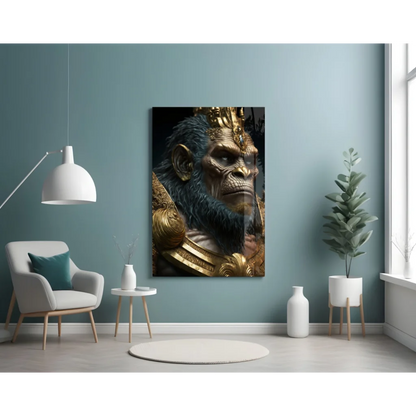 Majestic golden crowned ape king in ornate armor glass wall art
