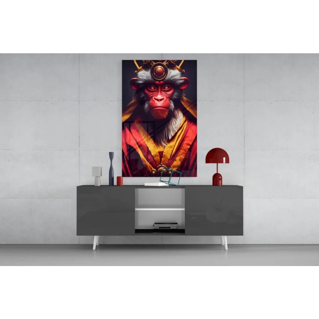 Vibrant red gold regal monkey king glass wall art on canvas