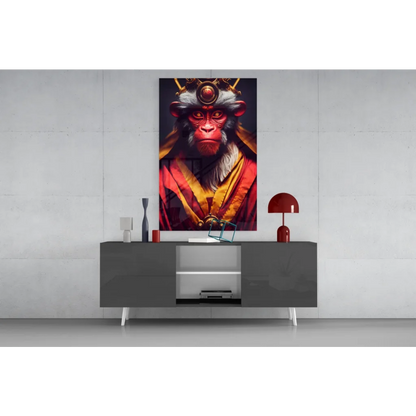 Vibrant red gold regal monkey king glass wall art on canvas