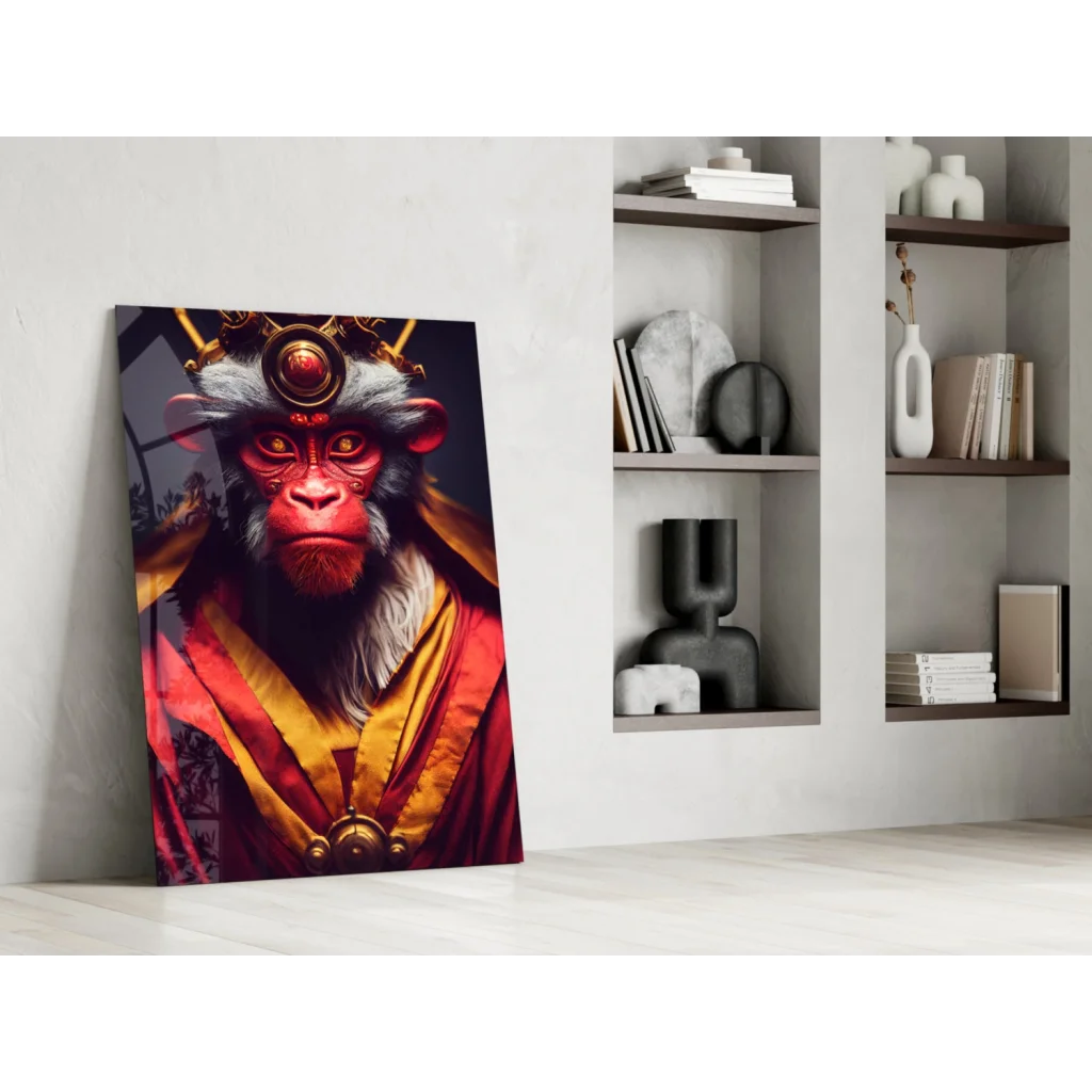 Vibrant glass wall art of regal Monkey King in red gold robes