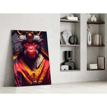 Vibrant glass wall art of regal Monkey King in red gold robes