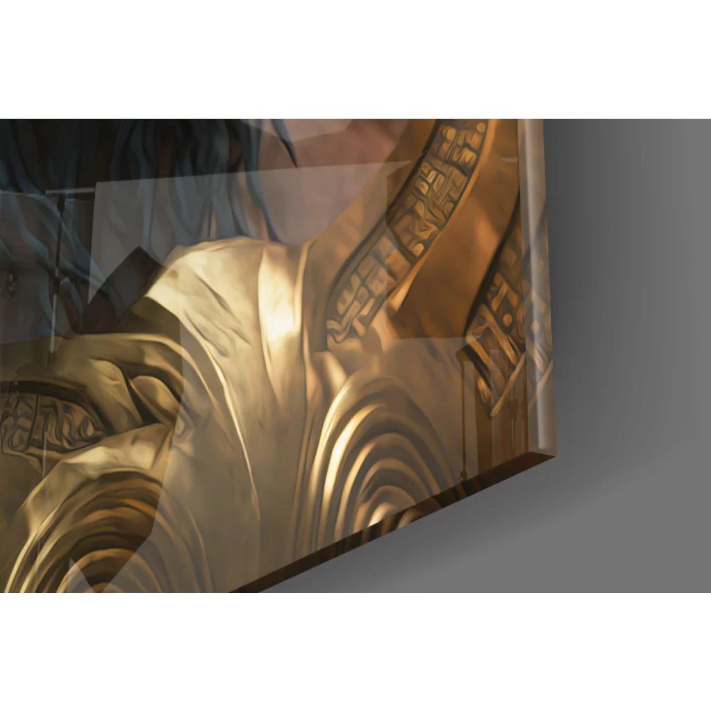 Majestic golden ape king glass wall art with engraved armor plate