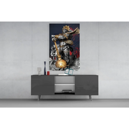 Striking Hanuman glass wall art in black-gold with mace and armor design