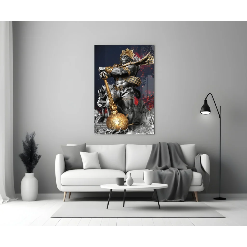 Striking Hanuman glass wall art with black-gold armored warrior wielding golden mace