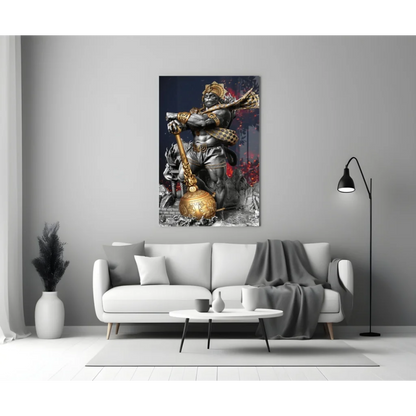 Striking Hanuman glass wall art with black-gold armored warrior wielding golden mace