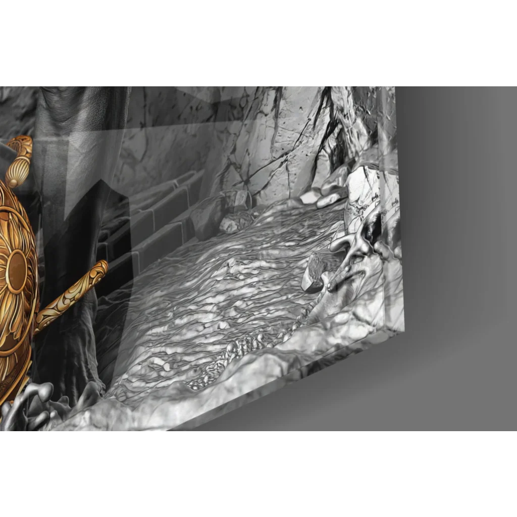 Hanuman glass wall art with golden ornate shield and sunburst design