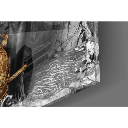 Hanuman glass wall art with golden ornate shield and sunburst design