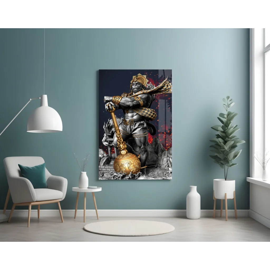 Hanuman glass wall art with epic gold warrior on black-and-gold canvas