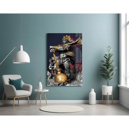 Hanuman glass wall art with epic gold warrior on black-and-gold canvas