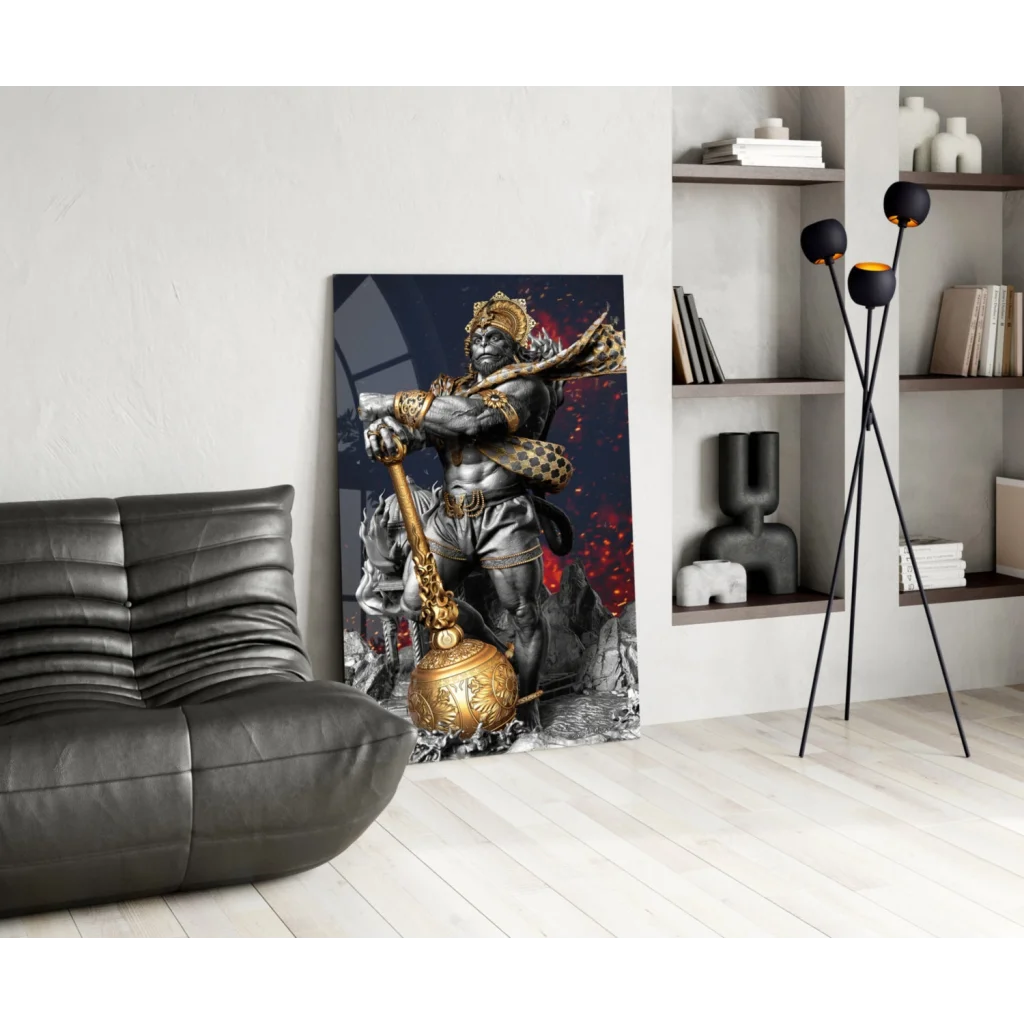Hanuman glass wall art with black gold warrior mace design