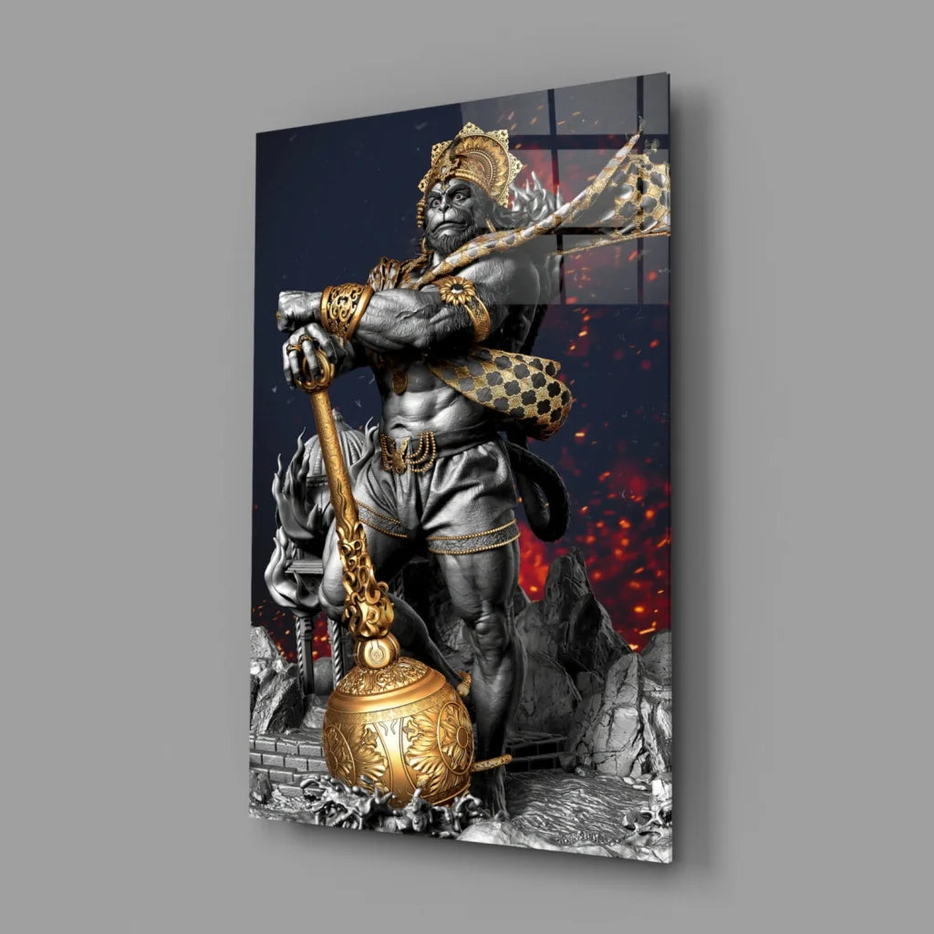 Gilded Hanuman glass wall art with epic gold warrior design on fiery background