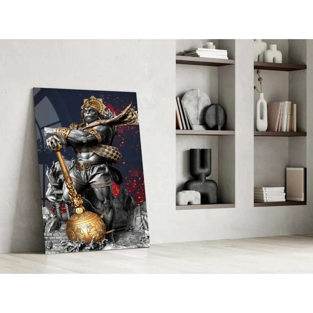 Epic Hanuman glass wall art with muscular gold warrior on red background