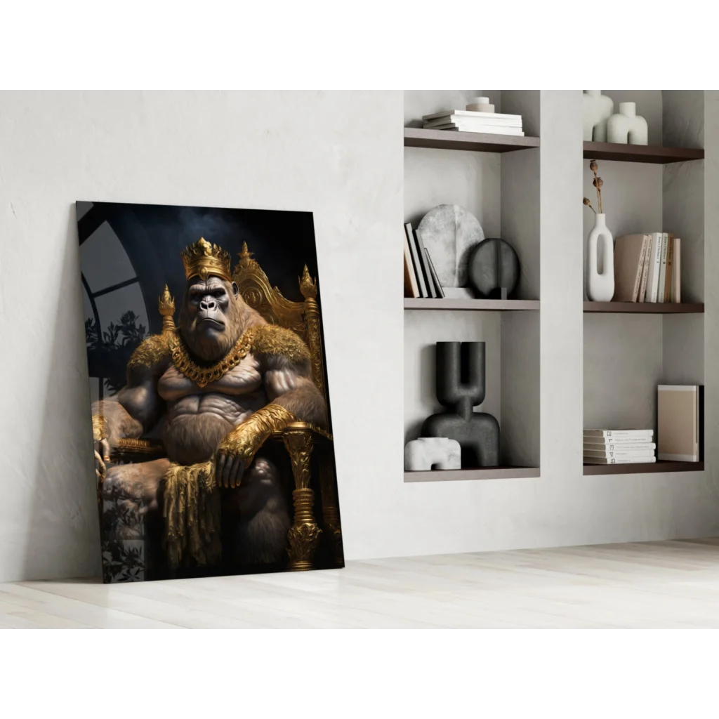 Majestic muscular gorilla king in gold regalia on throne wall art