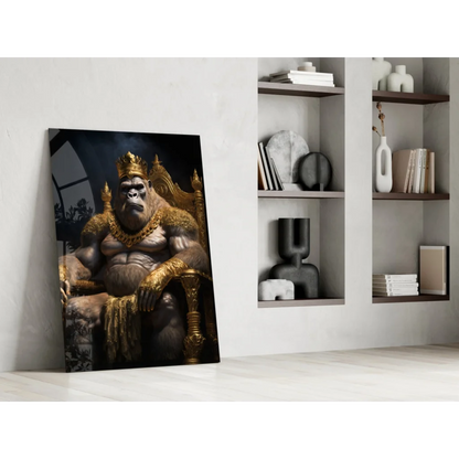 Majestic muscular gorilla king in gold regalia on throne wall art