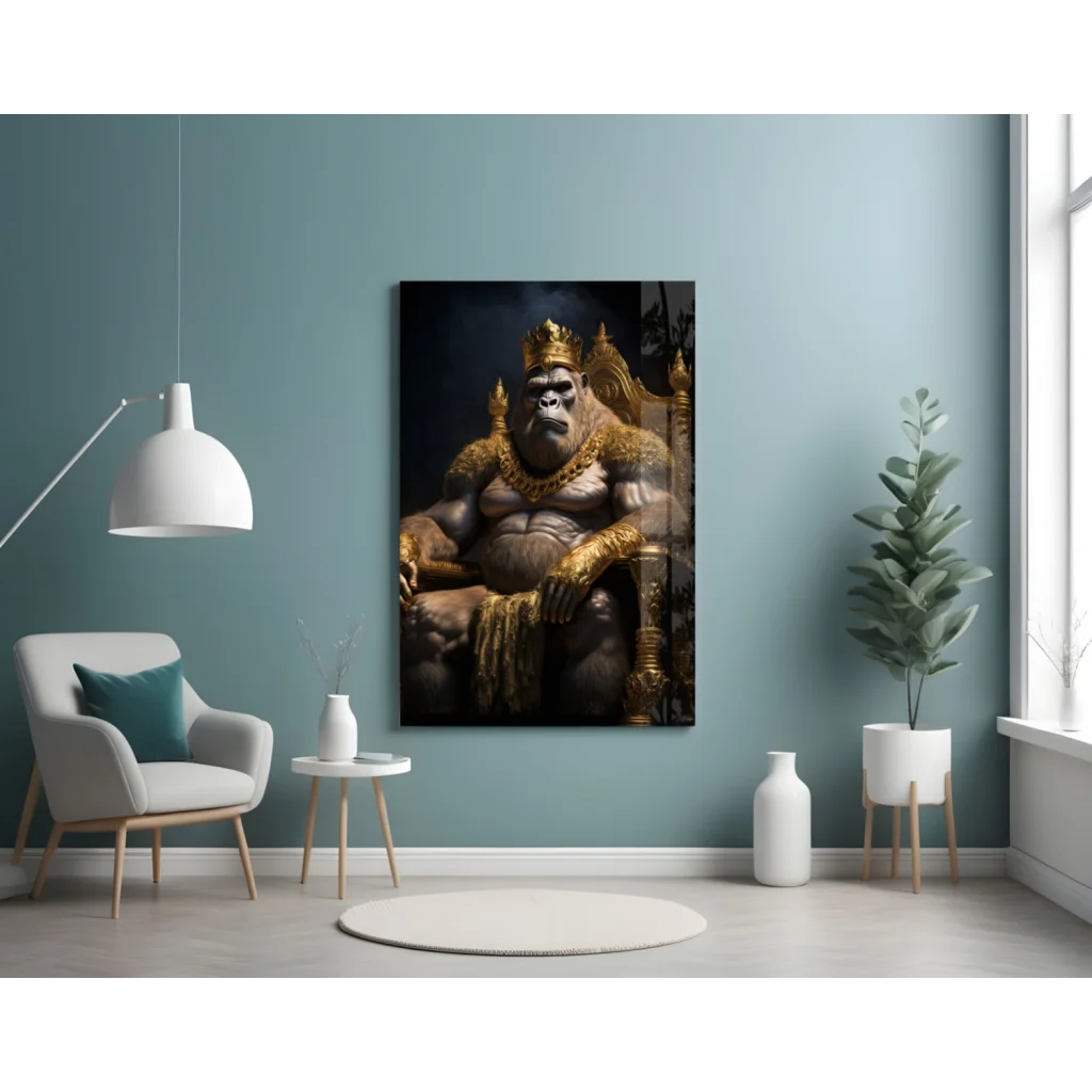 Majestic Golden Gorilla King Glass Wall Art Canvas Portrait | Contemporary Home Wall Art | vintageantiquesgifts.com