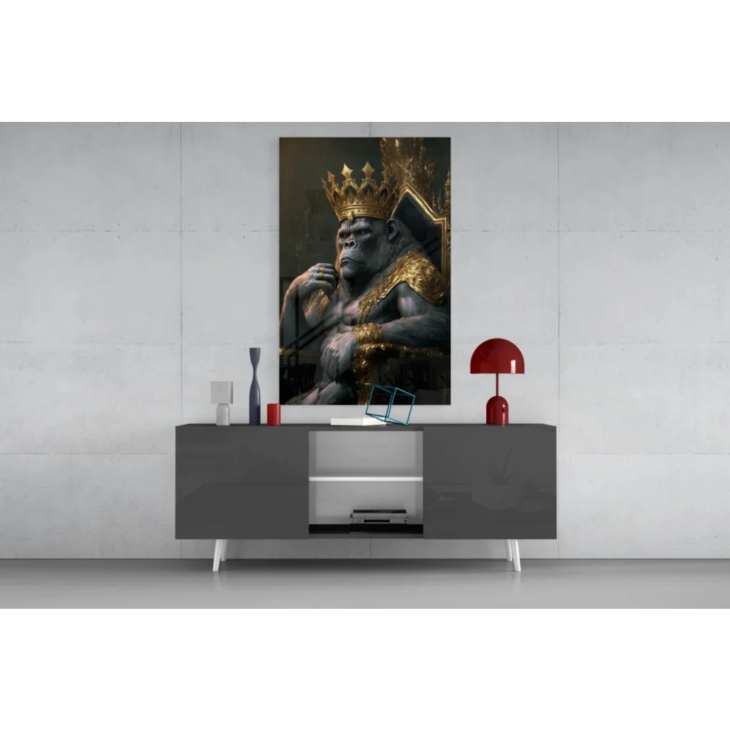Majestic Gorilla King glass wall art canvas print with regal crown