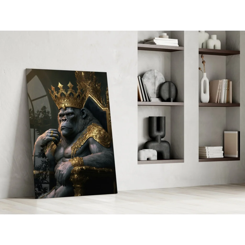 Majestic gorilla king glass wall art canvas print with crown and throne
