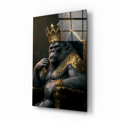 Majestic gorilla king in gold crown on throne, glass wall art print