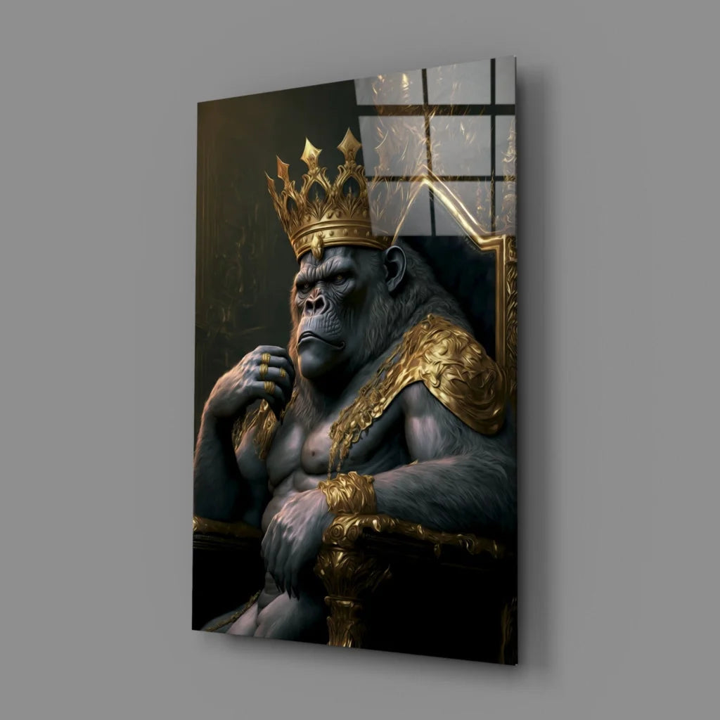Majestic gorilla king in gold crown and armor on throne, glass wall art print