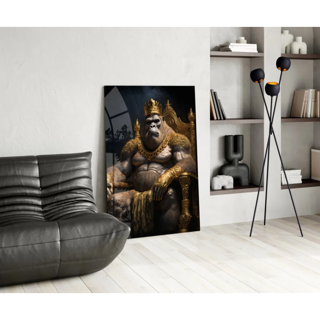 Majestic muscular gorilla king in gold regalia on throne wall art