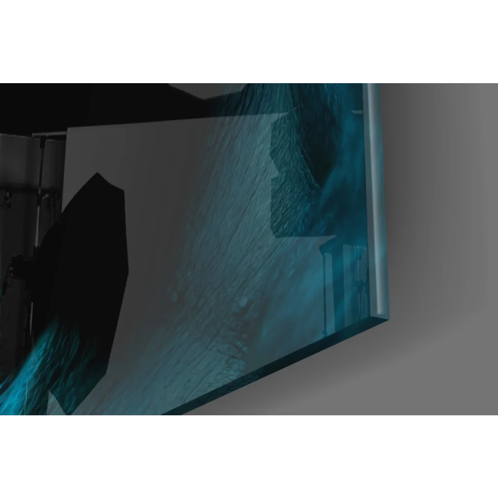 Sleek teal glass wall art panel with metallic frame texture