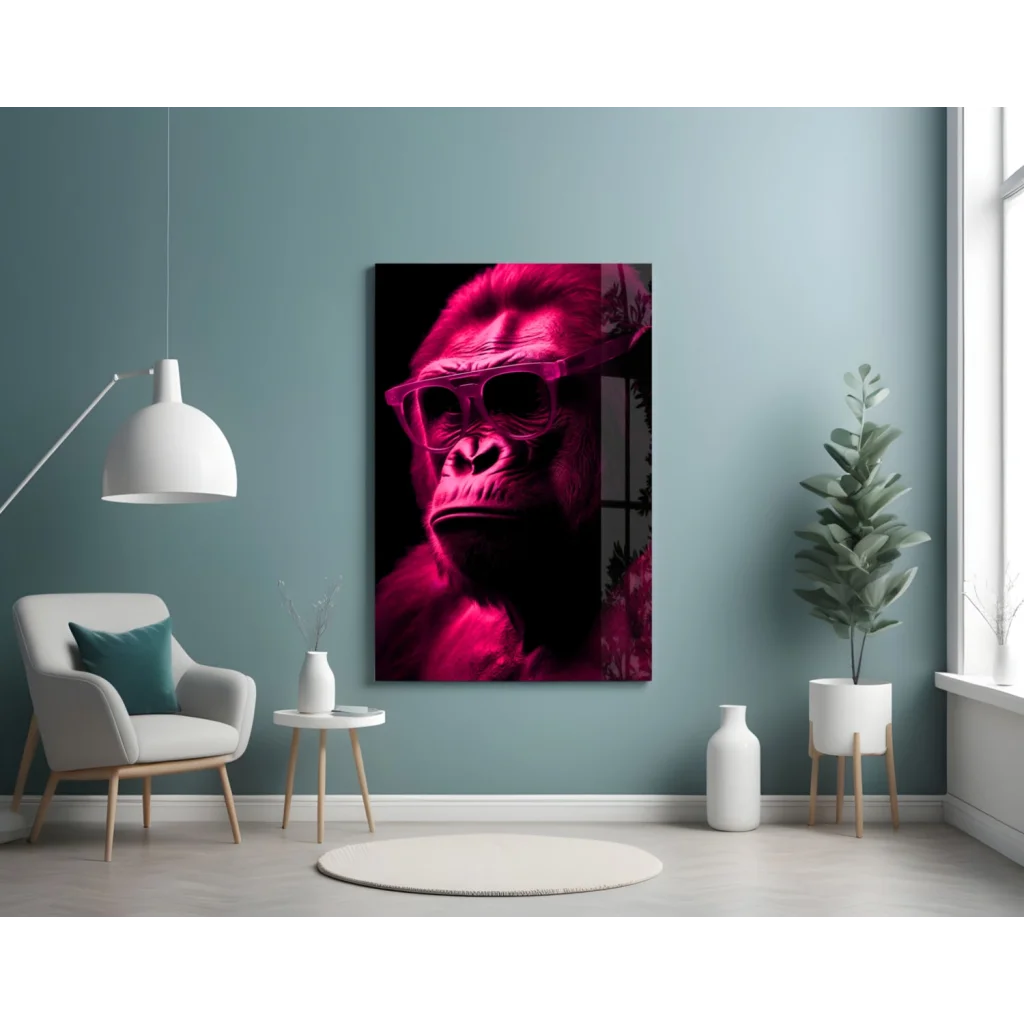 Bold red gorilla glass wall art with sunglasses in modern interior