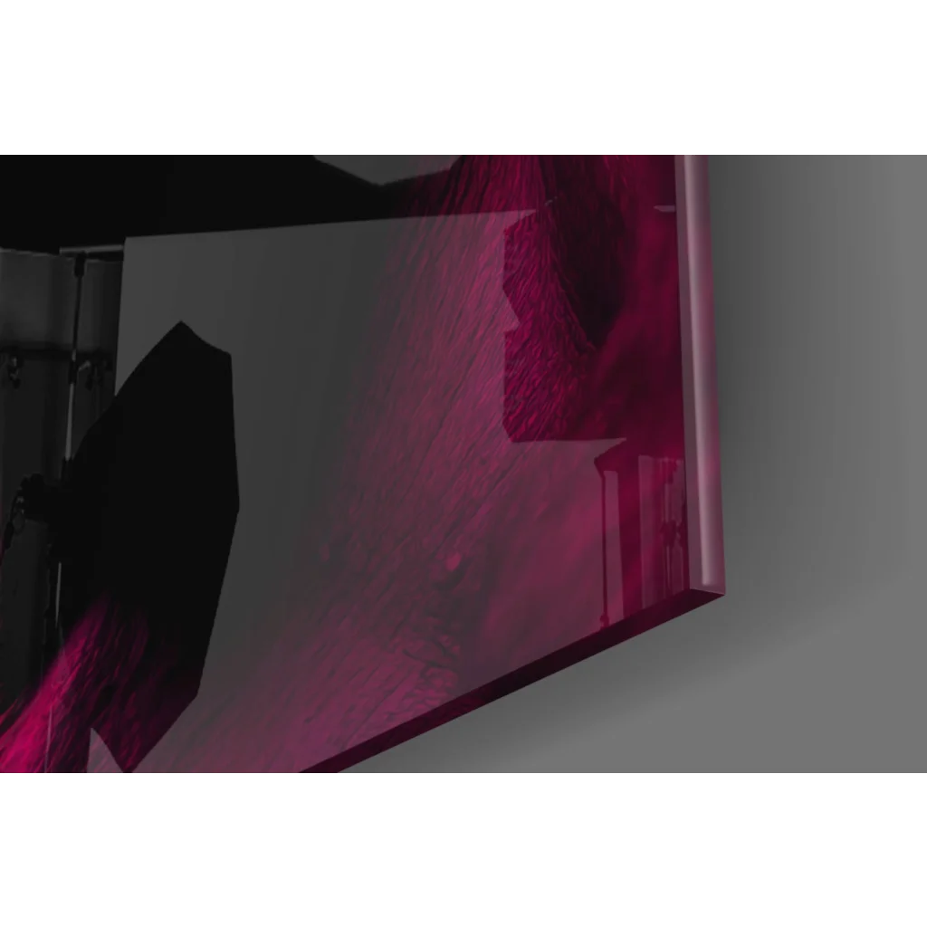 Bold red Gorilla Glass wall art with translucent magenta textured panel